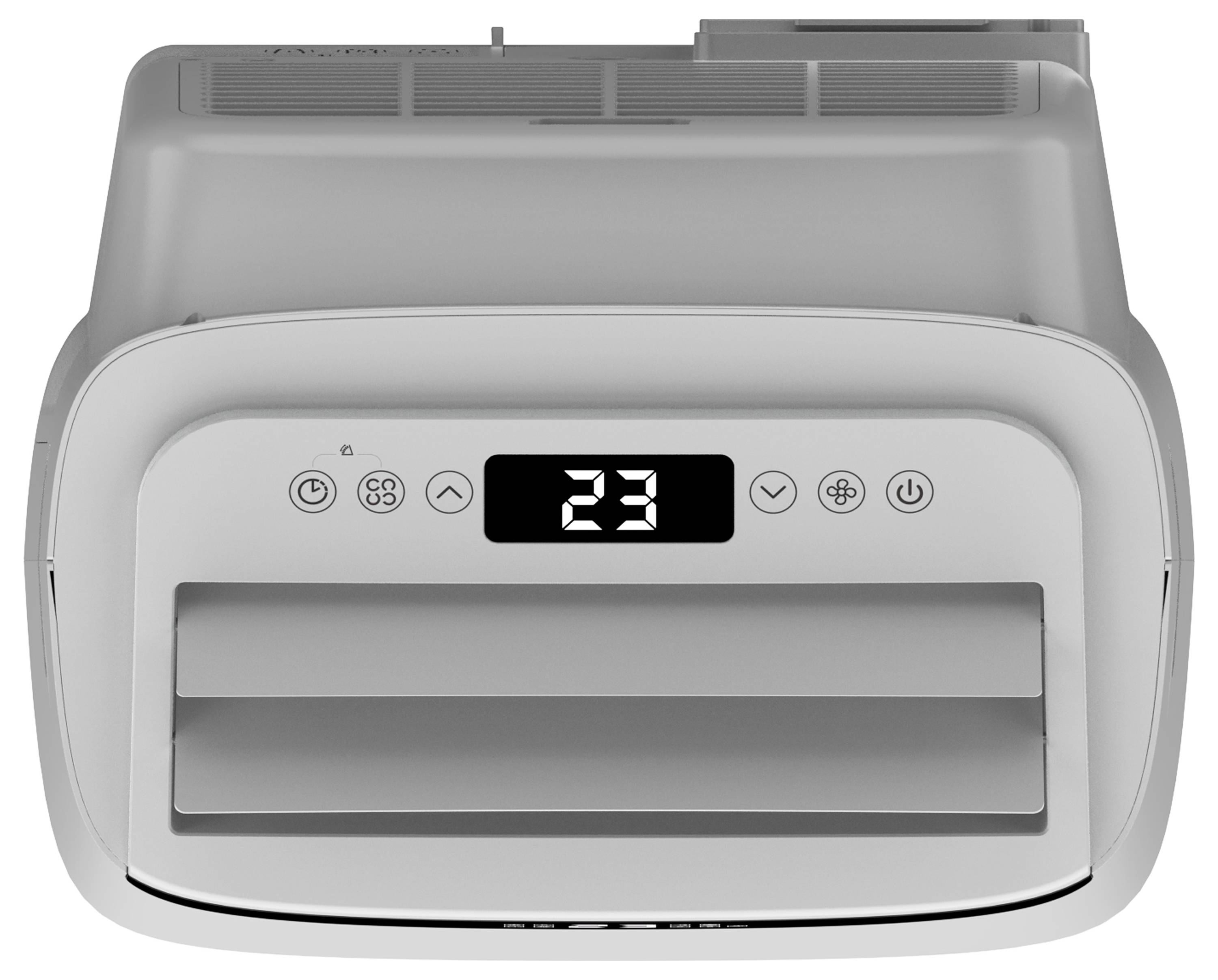 Een bovenaanzicht van een airconditioningapparaat met '23' op een digitaal scherm, met bedieningsknoppen voor modus, temperatuur en voeding.