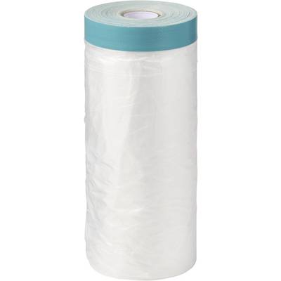 Een rol wit kunststof verpakkingsfolie met een turquoise bovenkant, rechtop getoond tegen een effen achtergrond.