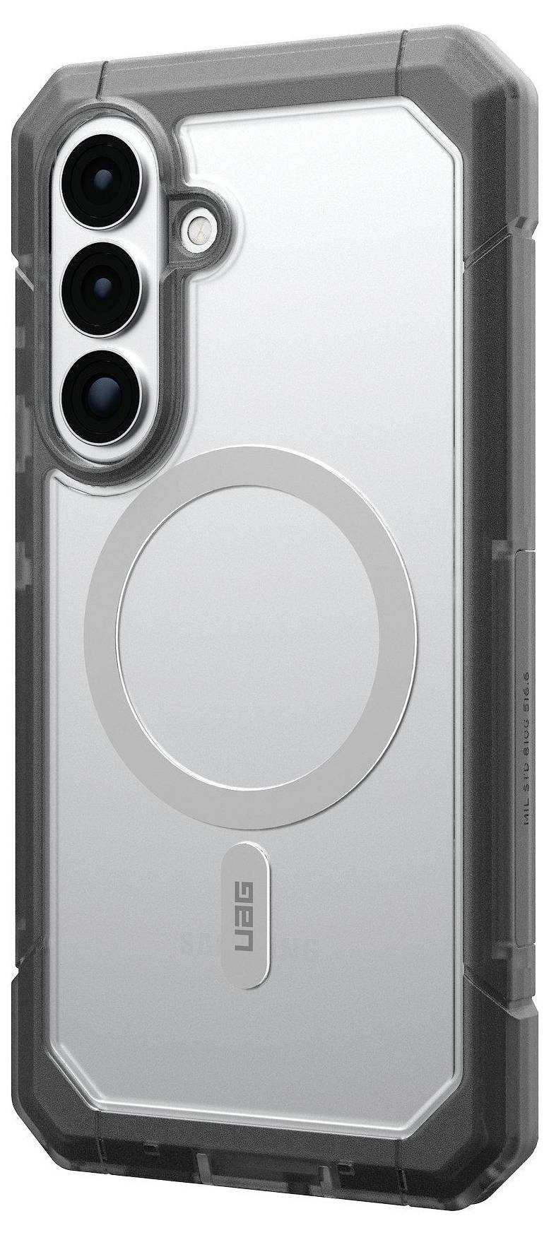 Beschermende telefoonhoesje met drie camera-lens-uitsnijdingen en een ronde magnetische ring in het midden voor montage of accessoires.