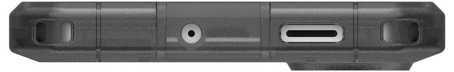 Bovenaanzicht van een zwart elektronisch apparaat met poorten: een circulaire koptelefoonaansluiting, een rechthoekige USB-connector en een microfoonopening.