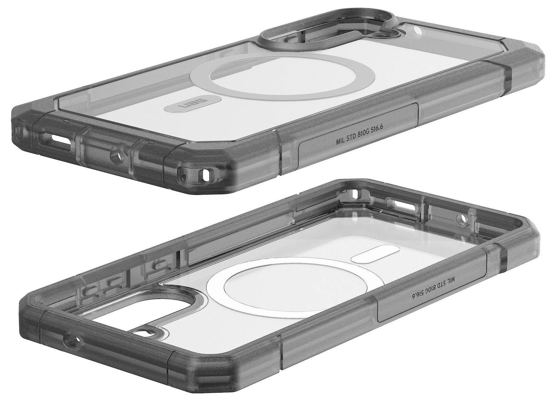 'Twee transparante smartphone hoesjes, getoond vanaf de achterkant en schuine hoek, waarbij de ronde openingen en randversterkingskenmerken worden benadrukt.'