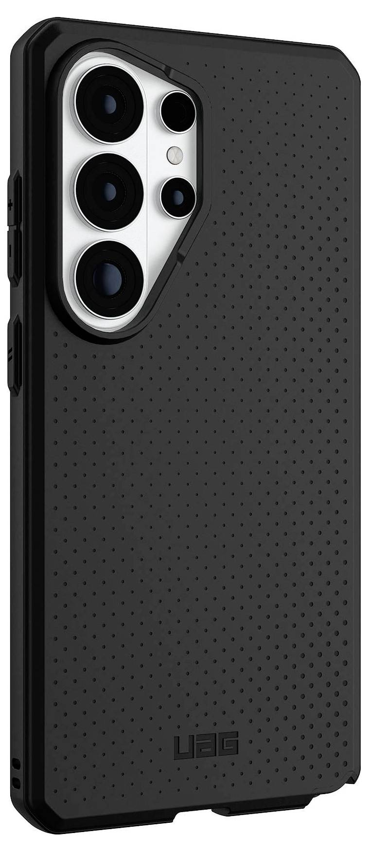 Slim zwart camerabody met oranje accenten, van opzij gefotografeerd, waarop bedieningsknoppen en een iets uitstekend lensgedeelte zichtbaar zijn.