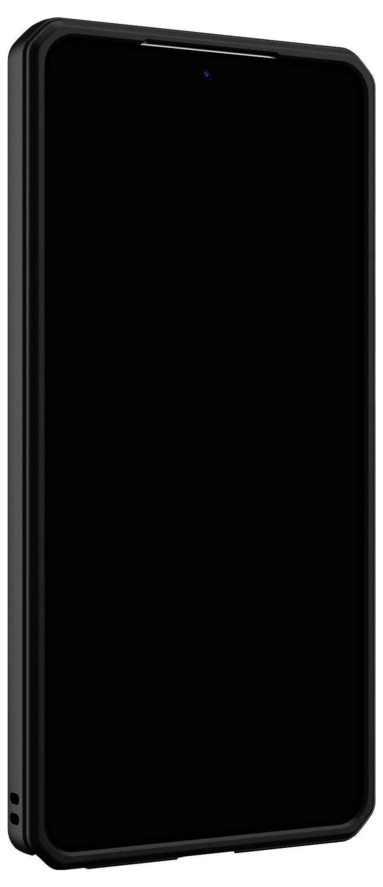 Een slanke, moderne smartphone met een zwart scherm, weergegeven onder een lichte hoek, wat het dunne profiel en het minimalistische design benadrukt.