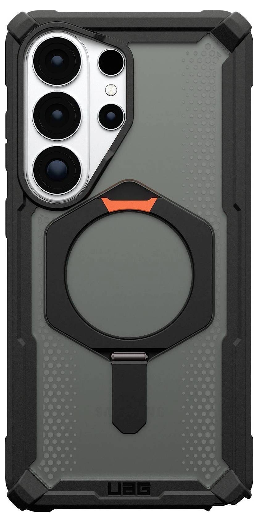 Een robuuste, donkergrijs en zwarte smartphonehoesje met een opvallende ringhouder in het midden en drie uitsnijdingen voor achteruitrijcamera's.