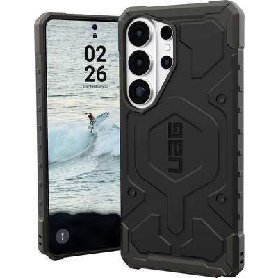 Een robuust telefoonhoesje omhult een smartphone, met daarop een surfer zichtbaar die op een golf rijdt.