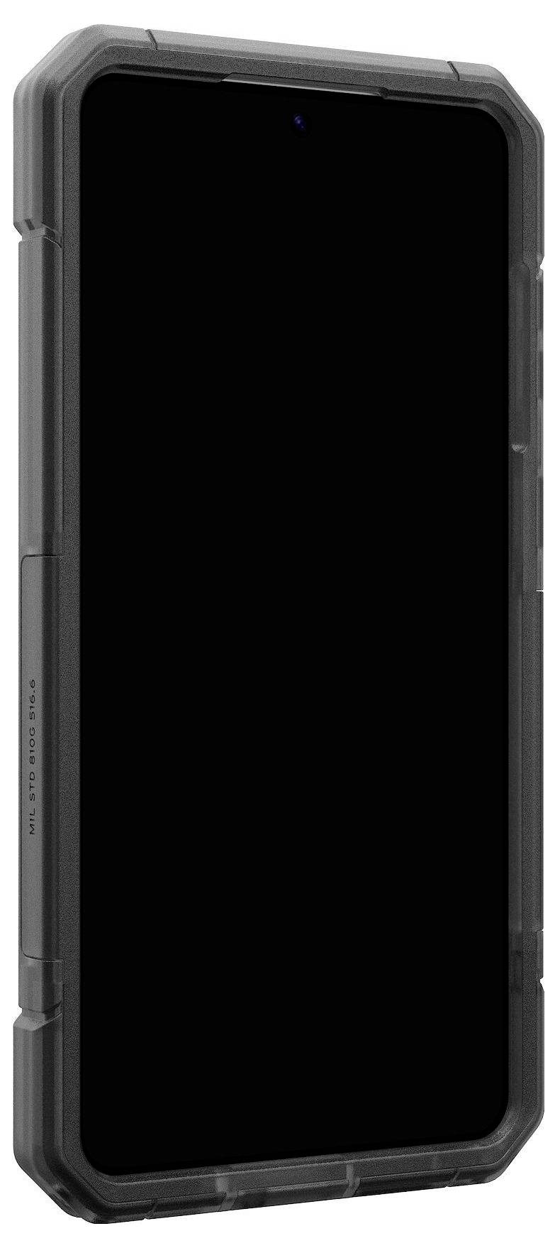Een zwarte smartphone met een robuuste beschermhoes, met getextureerde gripkanten, getoond vanuit een fronthoek met het scherm uit.