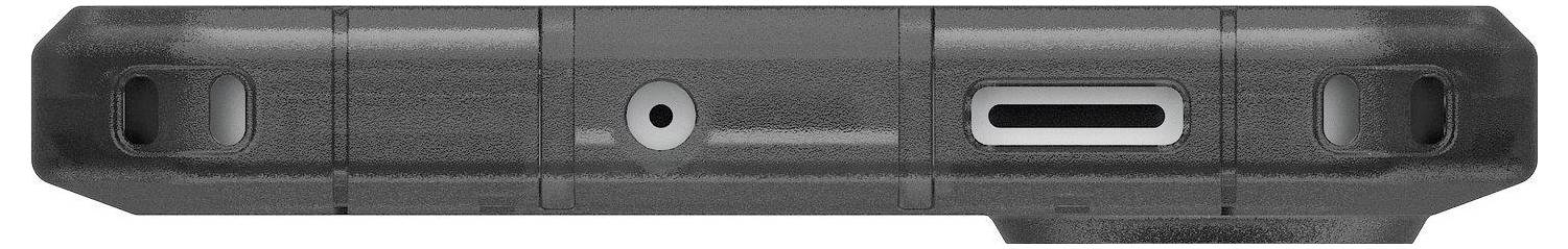 Onderaanzicht van een smartphone met poorten: een luidsprekerspeaker aan de linkerkant, een koptelefoonaansluiting in het midden en een USB-C-poort aan de rechterkant.