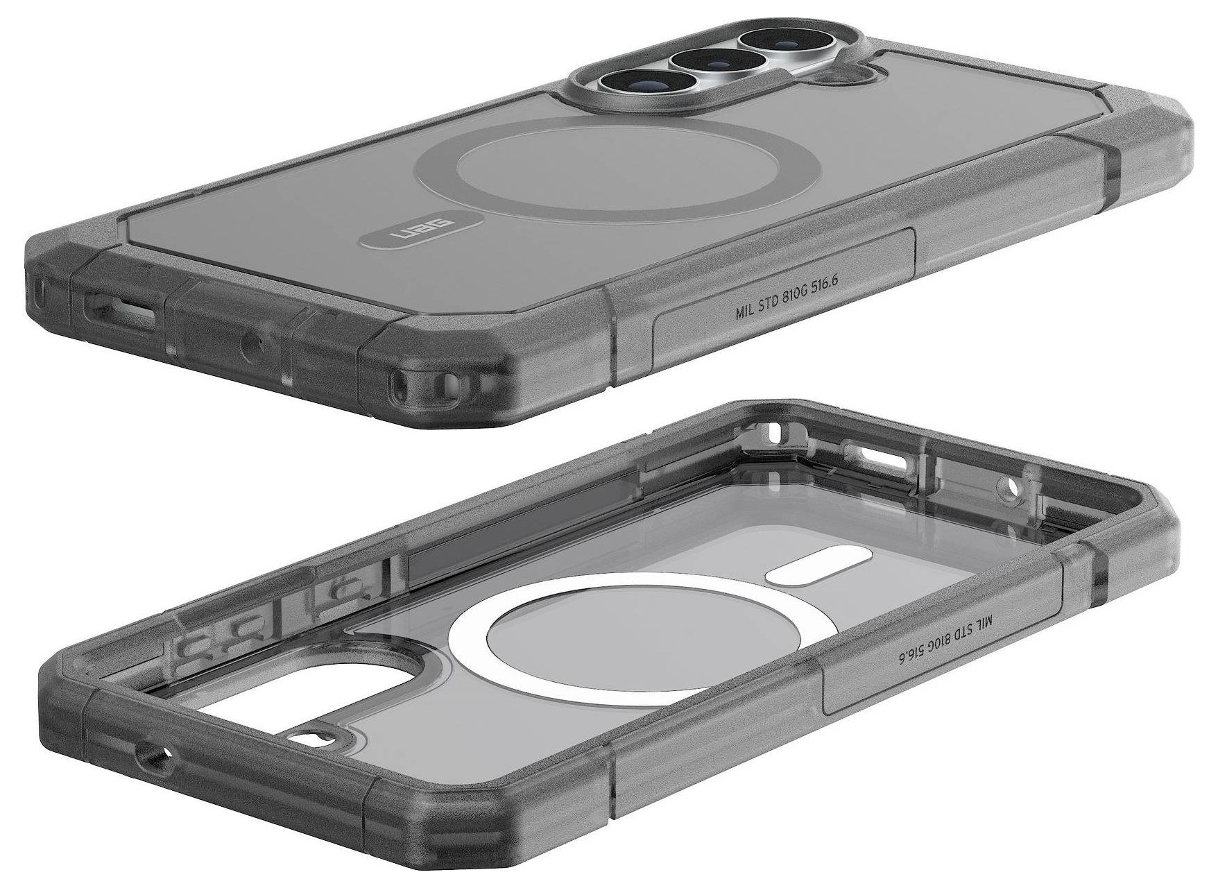 Een transparante telefoonhoes met versterkte hoeken wordt van verschillende hoeken getoond, waarbij het beschermende ontwerp en de MagSafe-compatibiliteit worden benadrukt.