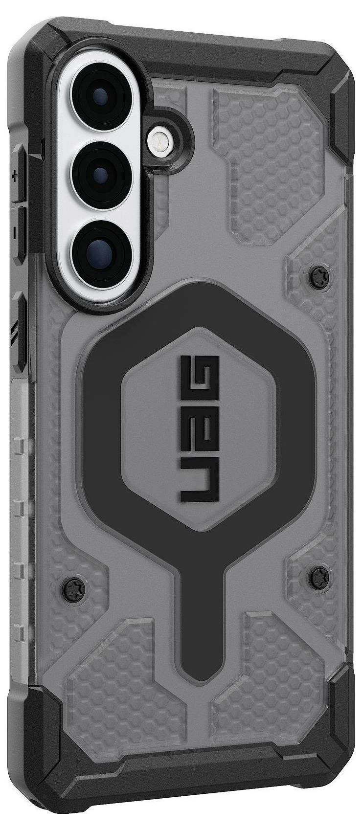 Een robuuste telefoonhoes met een hexagonaal patroon en een groot 'UAG'-logo, ontworpen voor een smartphone met drievoudige camera.