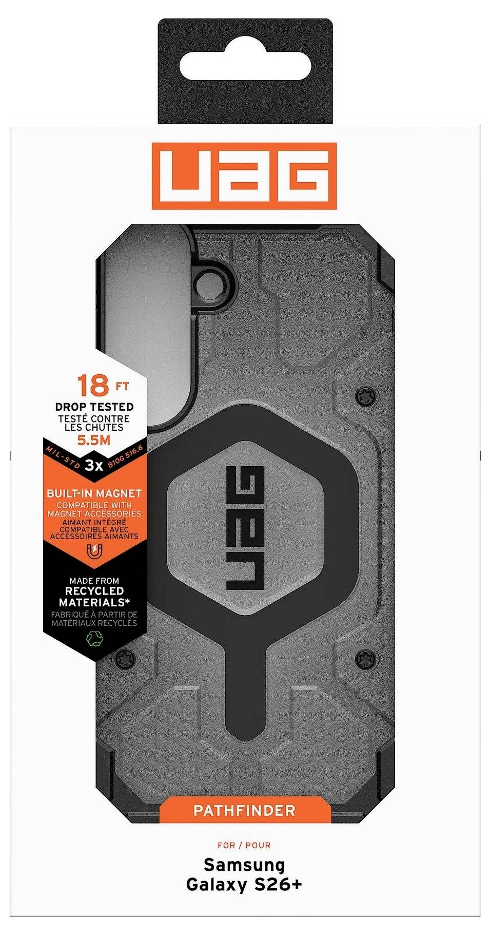 'Pathfinder' rugged telefoonhoesje voor Samsung Galaxy S26+. Kenmerken bescherming tegen vallen tot 18 voet, ingebouwde magneet, gemaakt van gerecycled materiaal.