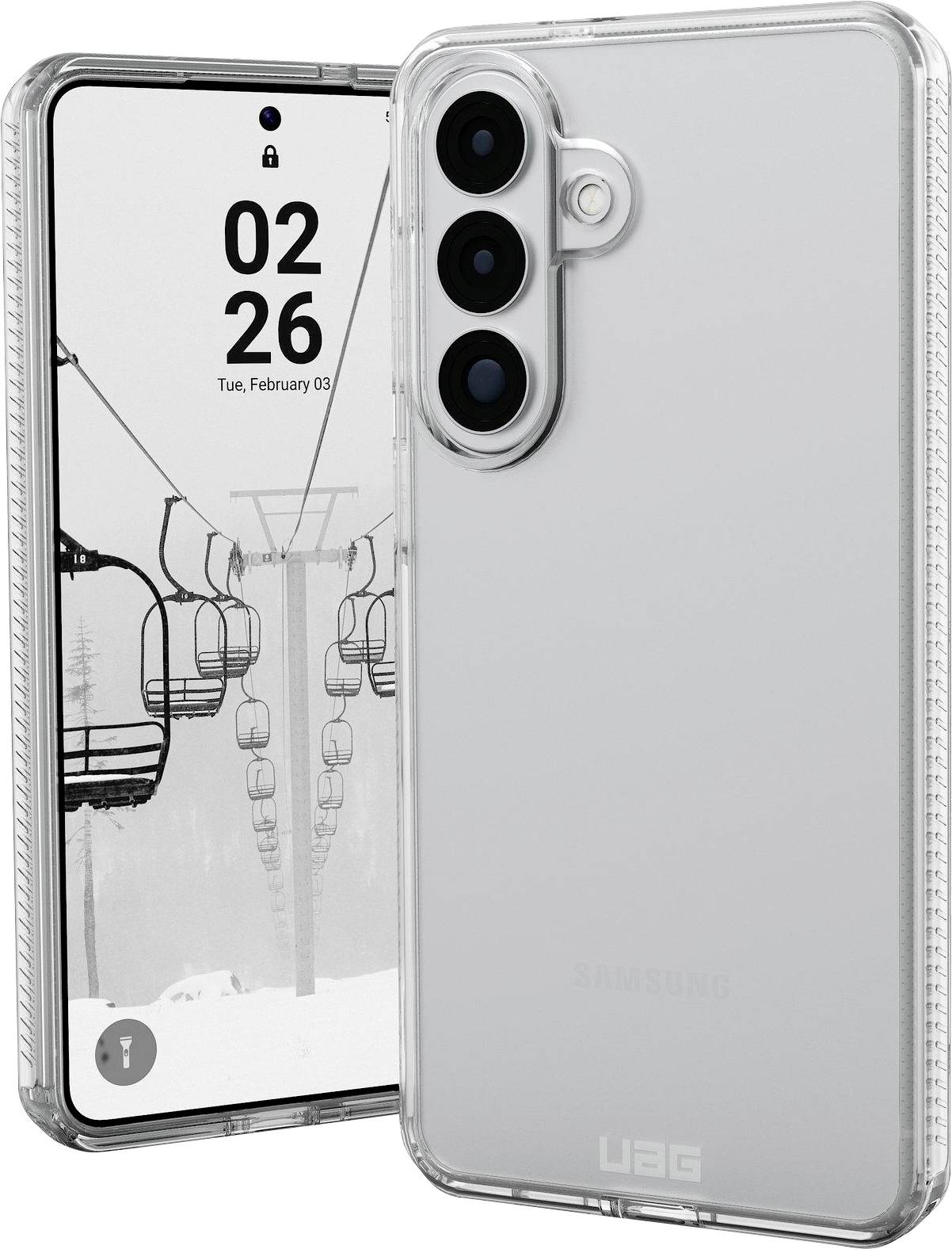 Een smartphone in een duidelijke, robuuste UAG-behuizing met een skiliftwallpaper op het scherm, waarop de datum '02 26 Tue, February 03' wordt weergegeven.