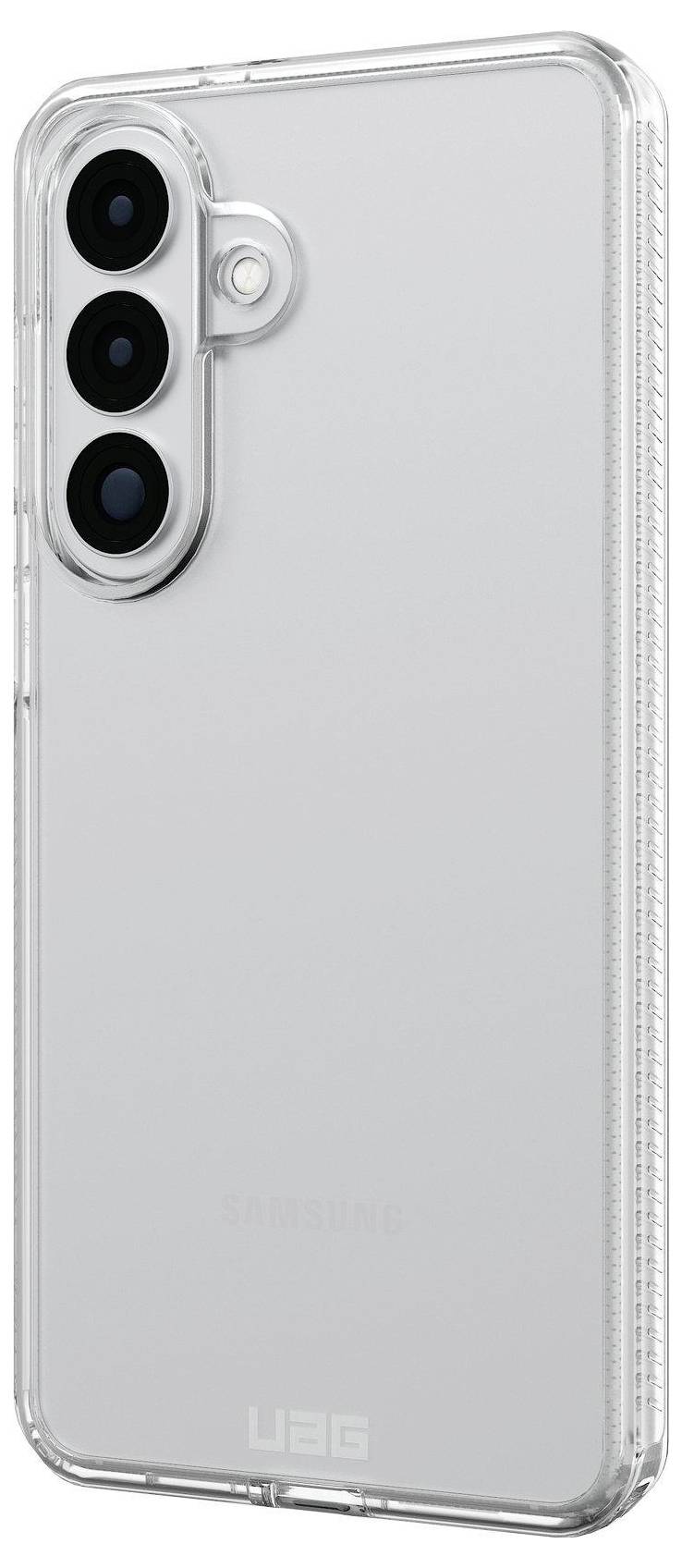 Smartphone met een doorzichtige beschermhoes met drie achterraam cameras en een flitser aan de achterkant.