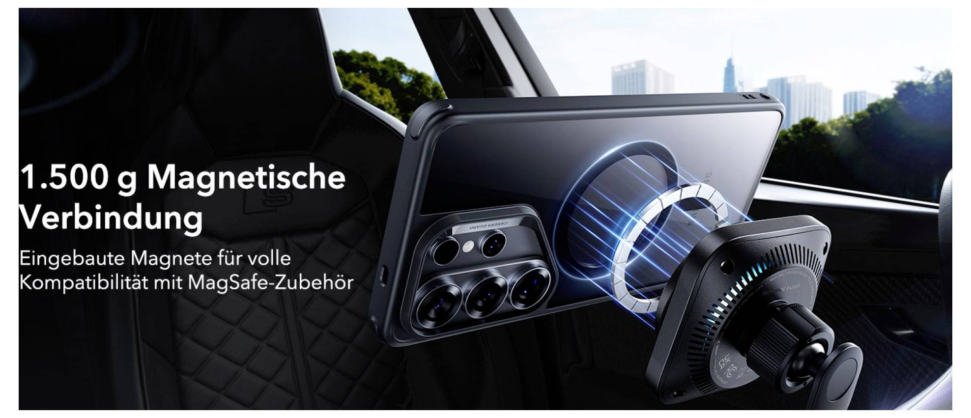 Smartphone in de auto bevestigd met magnetische houder. Tekst: '1.500 g Magnetische verbinding. Ingebouwde magneten voor volledige compatibiliteit met MagSafe-accessoires.'