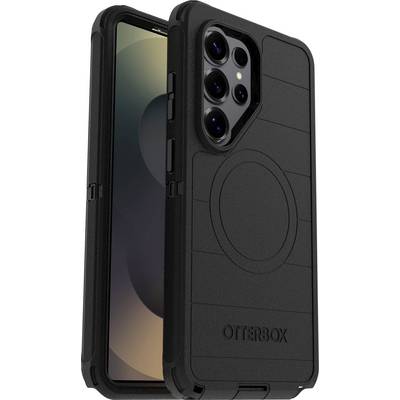 Een zwarte smartphone hoes met versterkte hoeken en een circulaire grip aan de achterkant, ontworpen voor bescherming en duurzaamheid.