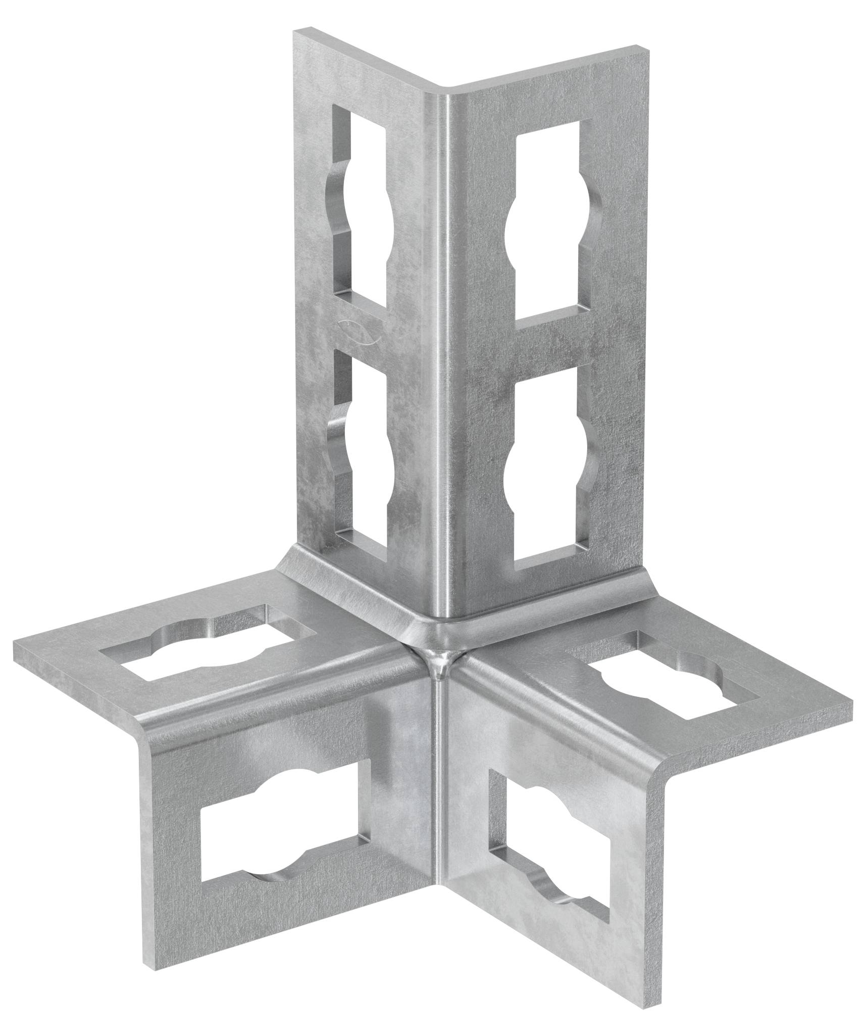 Metalen hoekbeugel met vier geperforeerde armen verbonden aan een centraal verticaal stuk, weergegeven op een witte achtergrond.