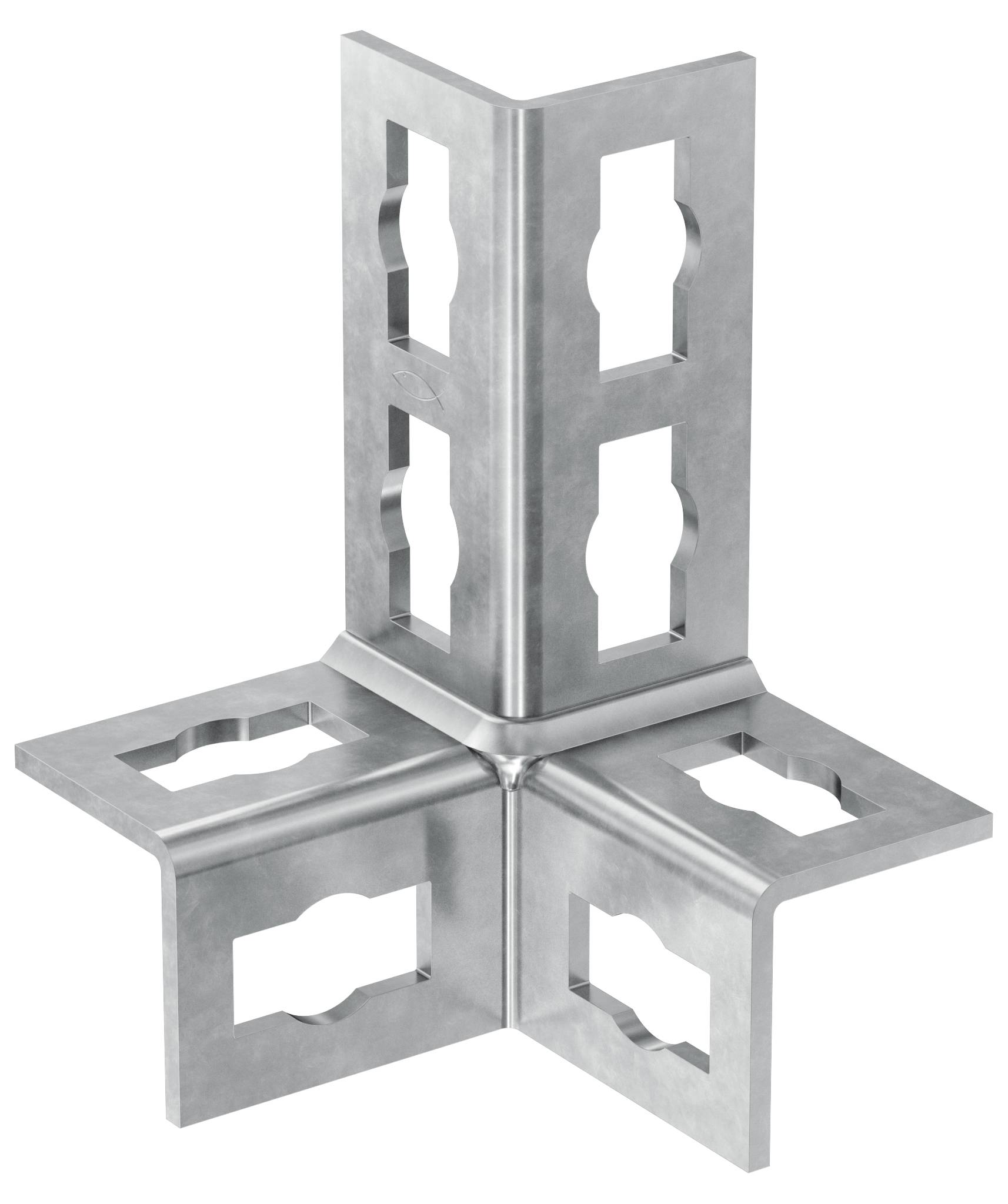 Metalen beugel verbinder met vier platte armen en een verticale pijler, met uitgesneden sleuven voor het verbinden van constructiedelen.