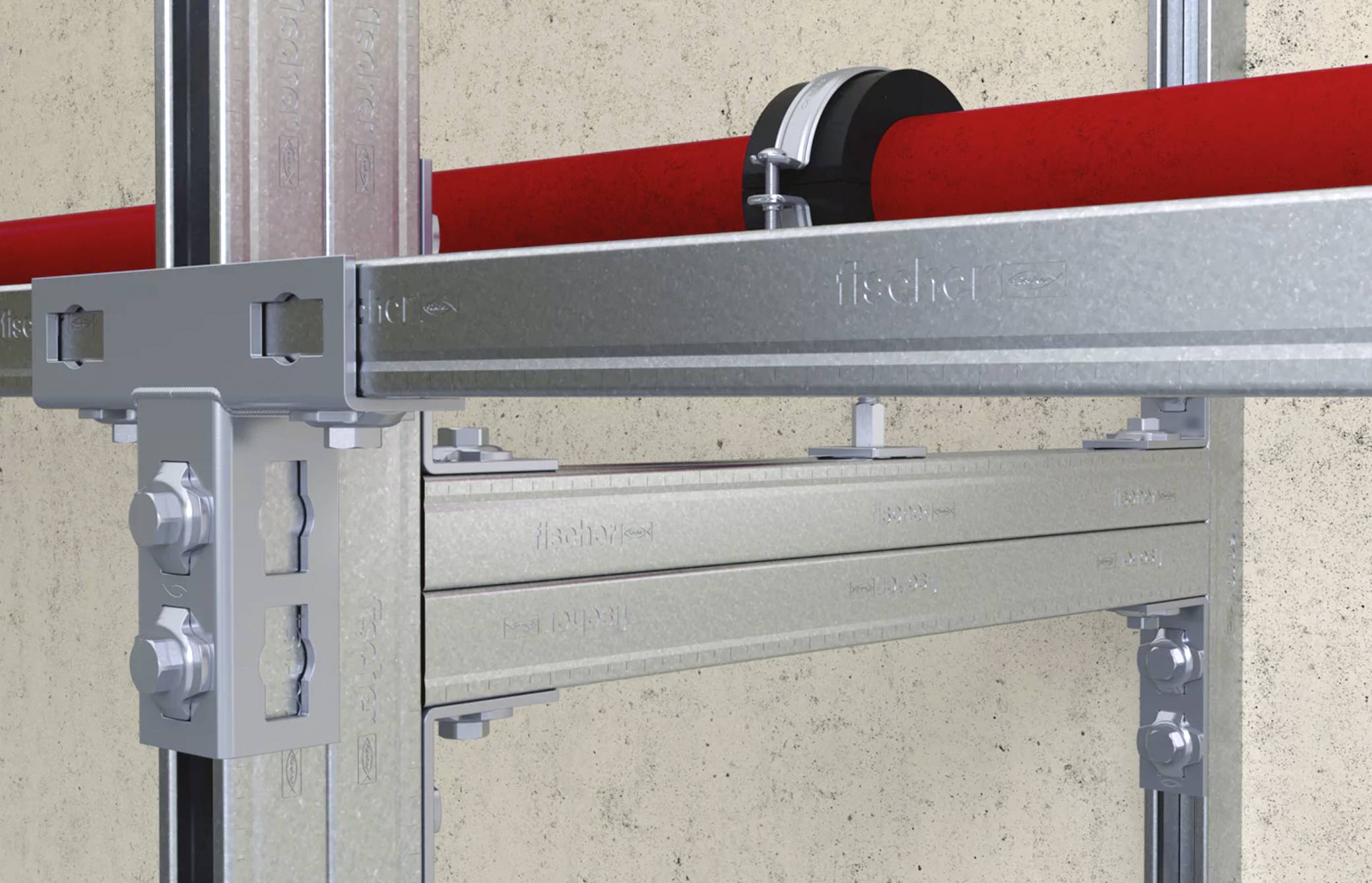Een metalen buis die met klemmen aan een muur is bevestigd met behulp van een beugelsysteem. De afbeelding richt zich op de structurele installatie en de onderdelen ervan.