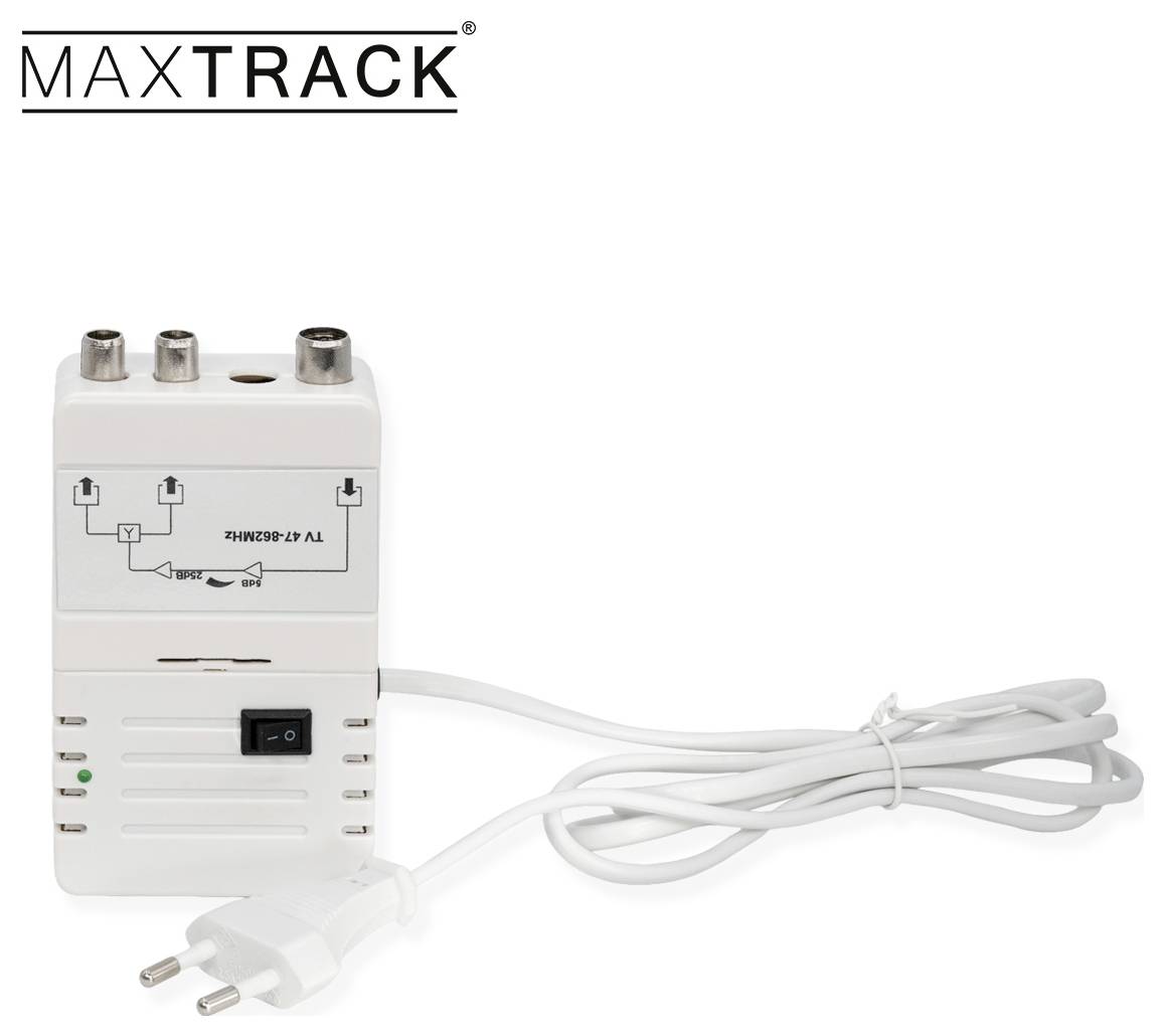 Een wit elektronisch apparaat met twee coaxiale ingangen en een voedingskabel, gelabeld 'MAXTRACK', waarschijnlijk een televisiesignaalversterker of versterker.