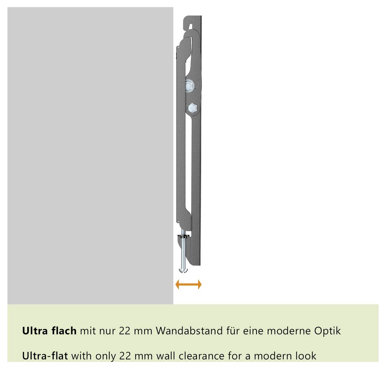 'Ultra-plat met slechts 22 mm wandafstand voor een modern uiterlijk.' Zijaanzicht van een aan de muur gemonteerde beugel met minimale afstand tot de muur.