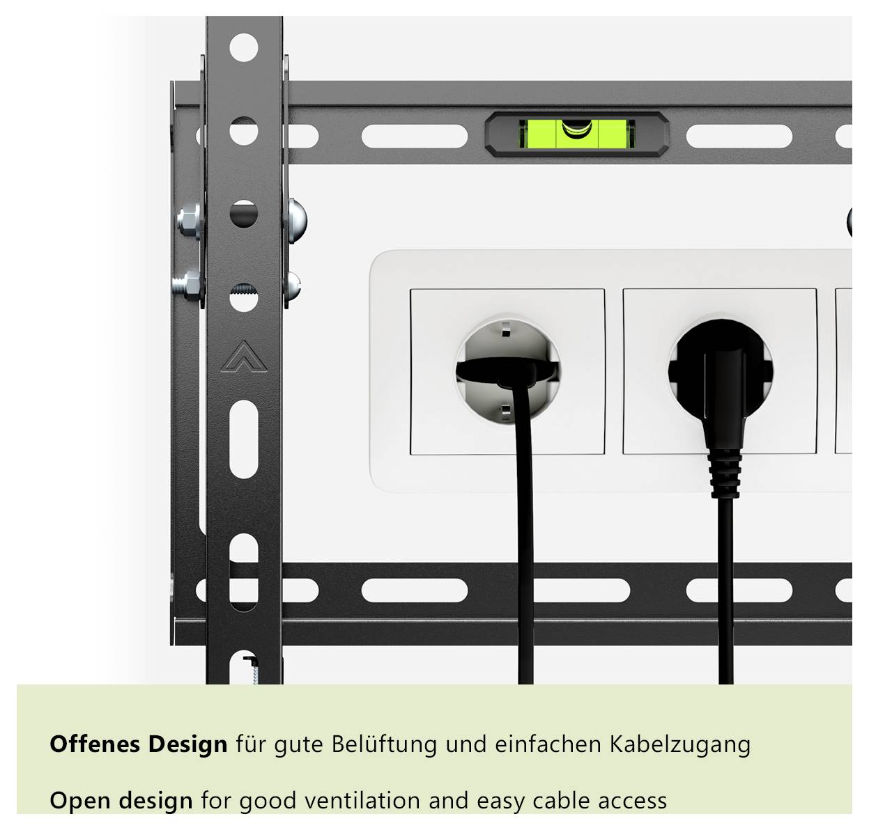 'Open ontwerp voor goede ventilatie en gemakkelijke kabeltogang.' Wandmontage met waterpas en stopcontact.