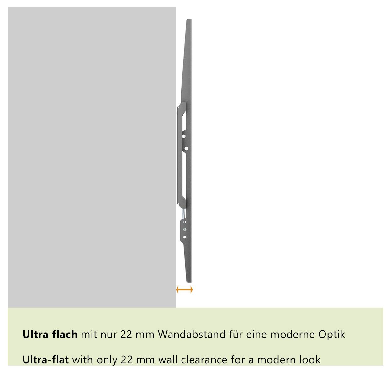 Een platte tv-muurbeugel wordt van opzij getoond, wat het ultraslank design benadrukt met een ruimte van 22 mm van de muur voor een modern uiterlijk.