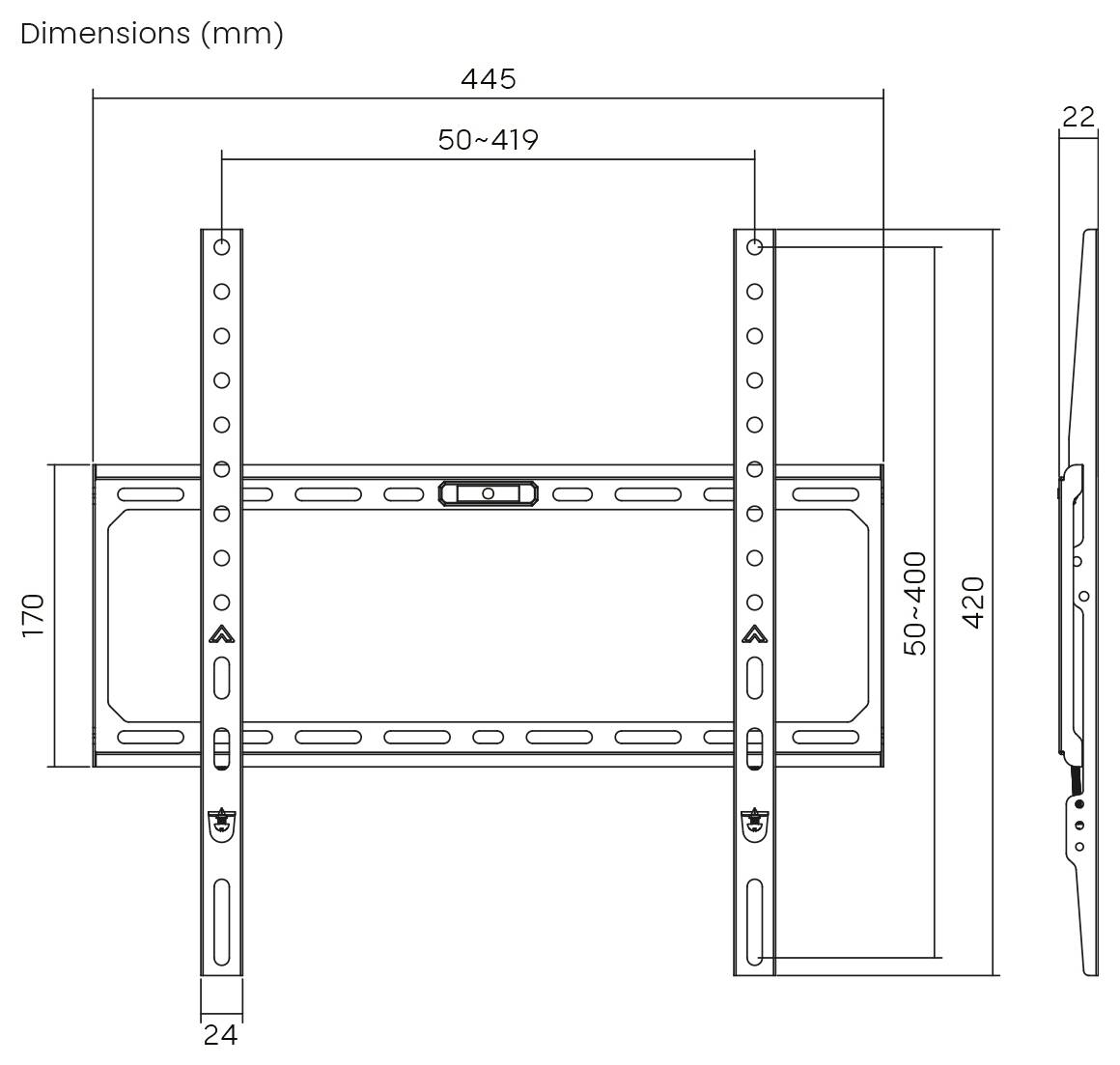 Wandbevestigingsbeugel technisch diagram met afmetingen. Breedte: 445mm, hoogtebereik: 50-419mm, profieldiepte: 24mm, geschikt voor verschillende schermformaten.