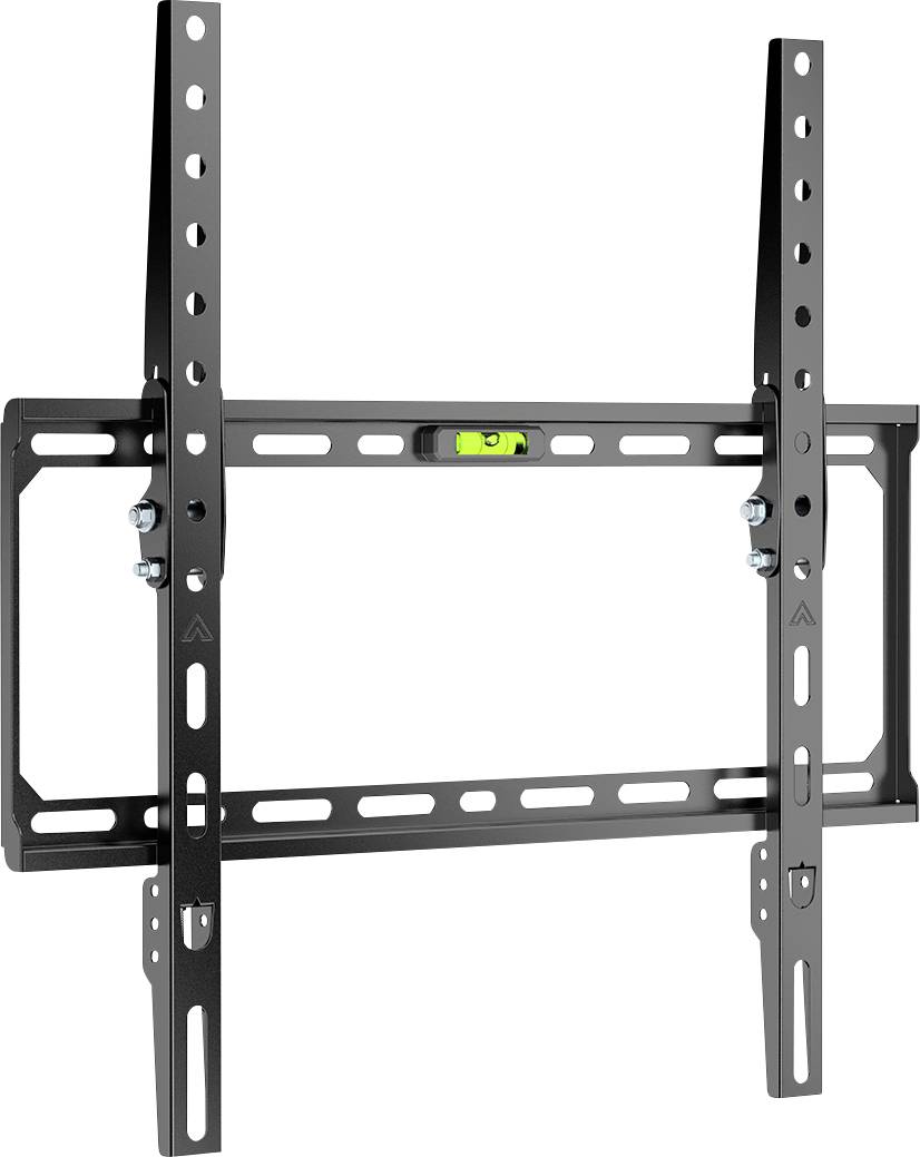 Een zwarte televisiewandbeugel met een waterpas gecentreerd op de bovenste balk, ontworpen voor flat-screen televisies, met verstelbare beugels.