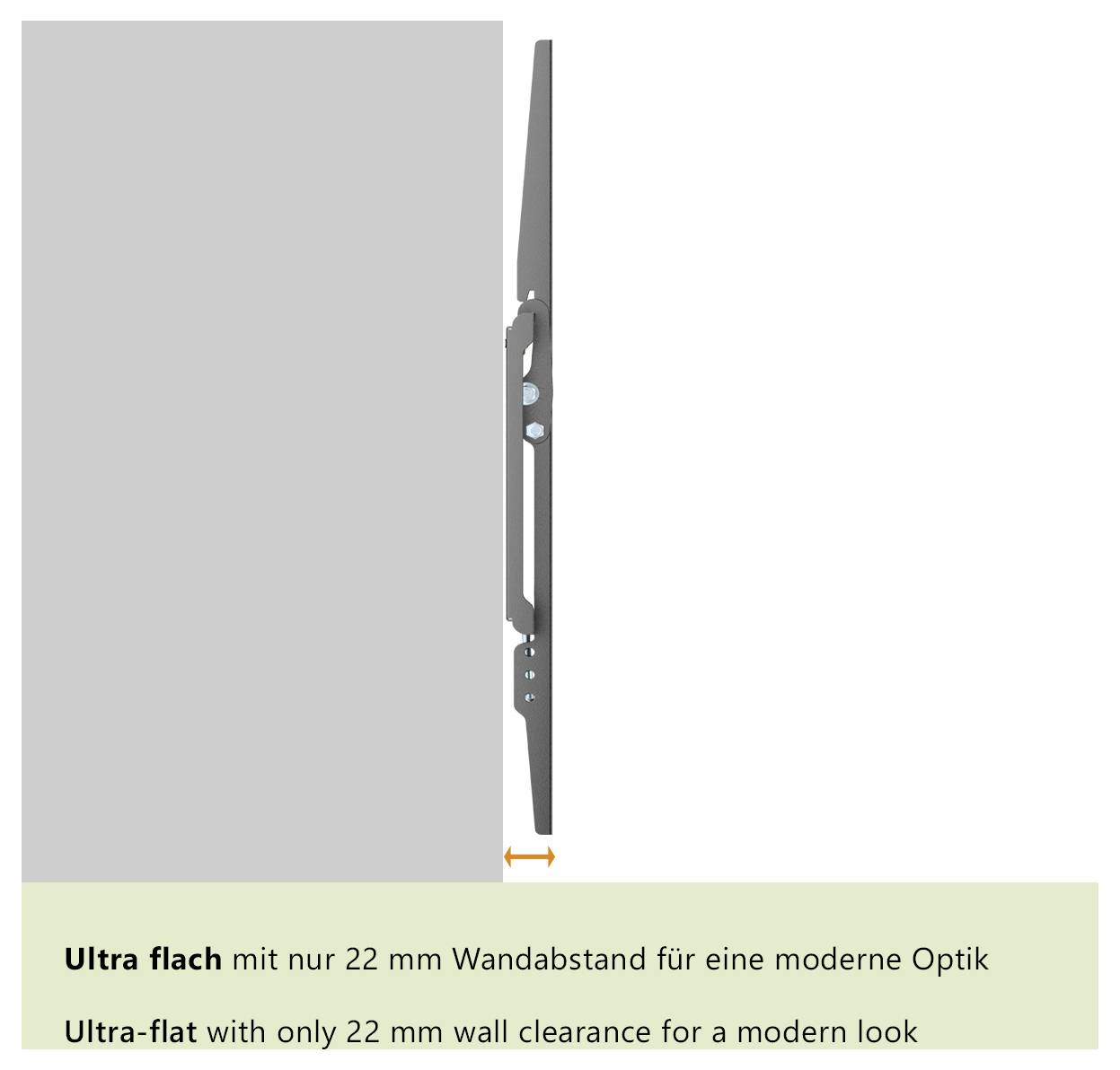 Een zijkant van een dun wandgemonteerd beugelsysteem dat de televisie ultra-plat positioneert met slechts 22 mm wandafstand, wat een modern uiterlijk benadrukt.