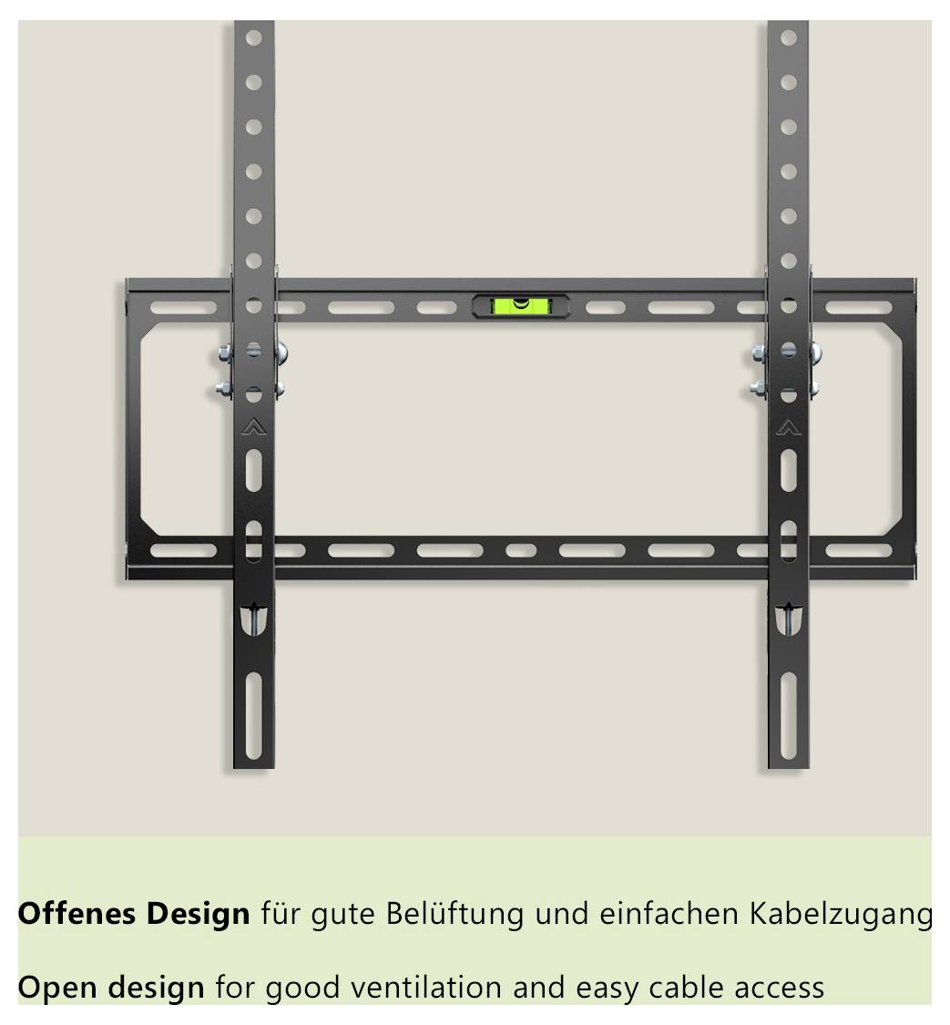 'Openontwerp voor goede ventilatie en gemakkelijke kabeltoevoer' geschreven onder een afbeelding van een wandmontagebeugel, wat de kenmerken ervan aangeeft.