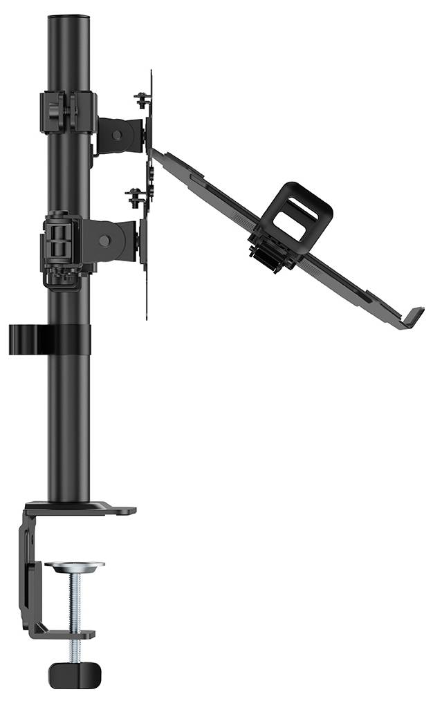 Een zwarte monitorklem met verstelbare armen ontworpen om een monitor en laptop vast te houden, met een klem voor bevestiging aan het bureau.