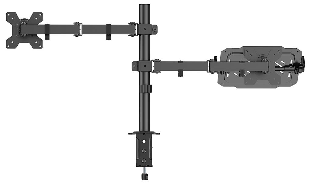 Verstelbare dual monitor-montagestandaard met VESA-compatibiliteit, voorzien van verticale centrale ondersteuning en twee uitschuifbare armen voor flexibele positionering.