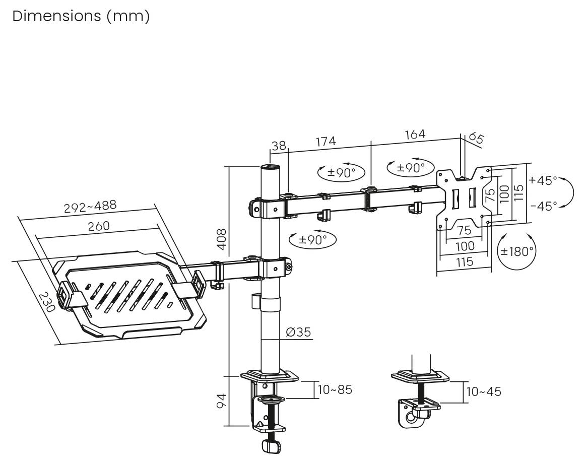 Diagram van verstelbare monitorarm met afmetingen in millimeters. Inclusief armhoogte, hoekverstellingen en basisbevestigingsdetails.