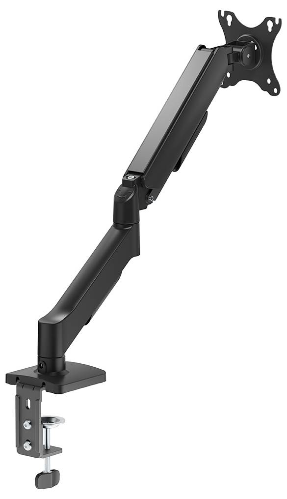 Verstelbare zwarte monitorarm met klemvoet voor deskbevestiging, ondersteunend een bevestigingsbeugel voor schermbevestiging.