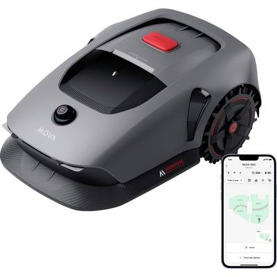 Geautomatiseerde grasmaaier met een rode stopknop, gelabeld 'Mova,' verbonden met een smartphone-app die een kaart van de gazonindeling weergeeft.