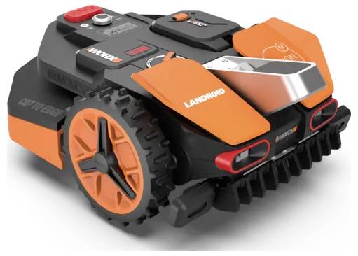Een robotische grasmaaier met oranje accenten op zwart lichaam, gelabeld als 'Landroid', voorzien van grote wielen en een gestroomlijnd design.