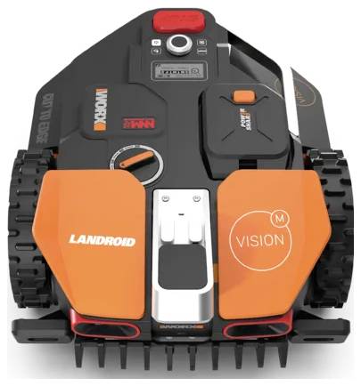 'Worx Landroid Vision robotische grasmaaier, zwart en oranje, met wielen en meerdere bedieningsknoppen bovenop, vooraanzicht.'