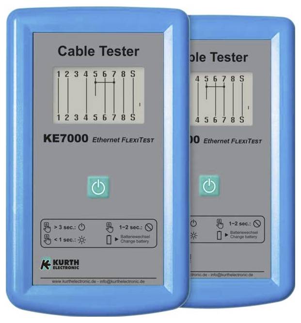 Twee blauwe KE7000 Ethernet-kabeltester, beide met schakelingen voor draadverbindingen en aan/uit-knoppen weergegeven.