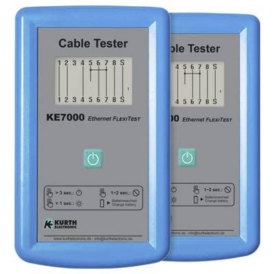 Twee blauwe KE7000 Ethernet-kabeltester, beide met schakelingen voor draadverbindingen en aan/uit-knoppen weergegeven.