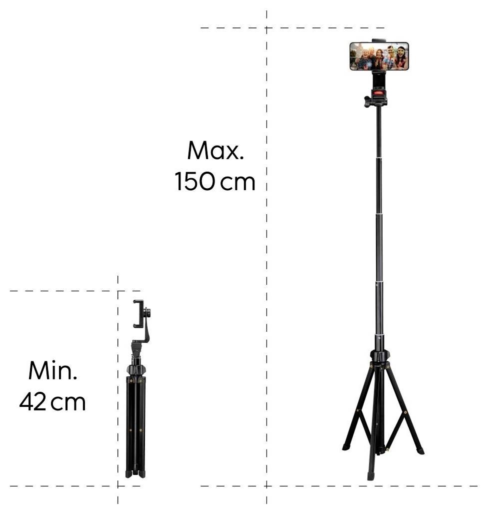 Een telescopische smartphonestatief getoond in twee posities: ingeklapt op 42 cm en uitgestrekt op 150 cm, met een telefoon die een groepsfoto weergeeft.