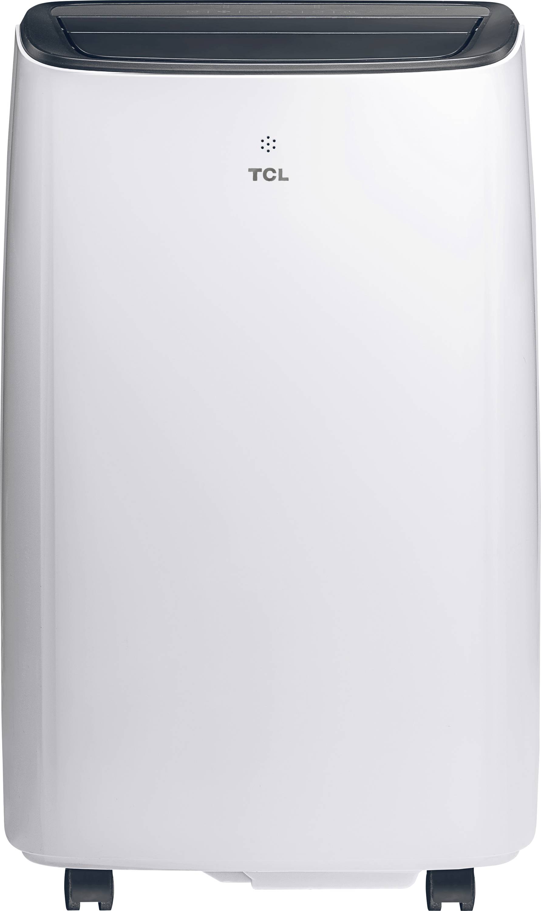 Een witte, draagbare airconditioner met een digitaal display aan de bovenkant en wielen aan de basis voor gemakkelijke mobiliteit, met het merk 'TCL'.
