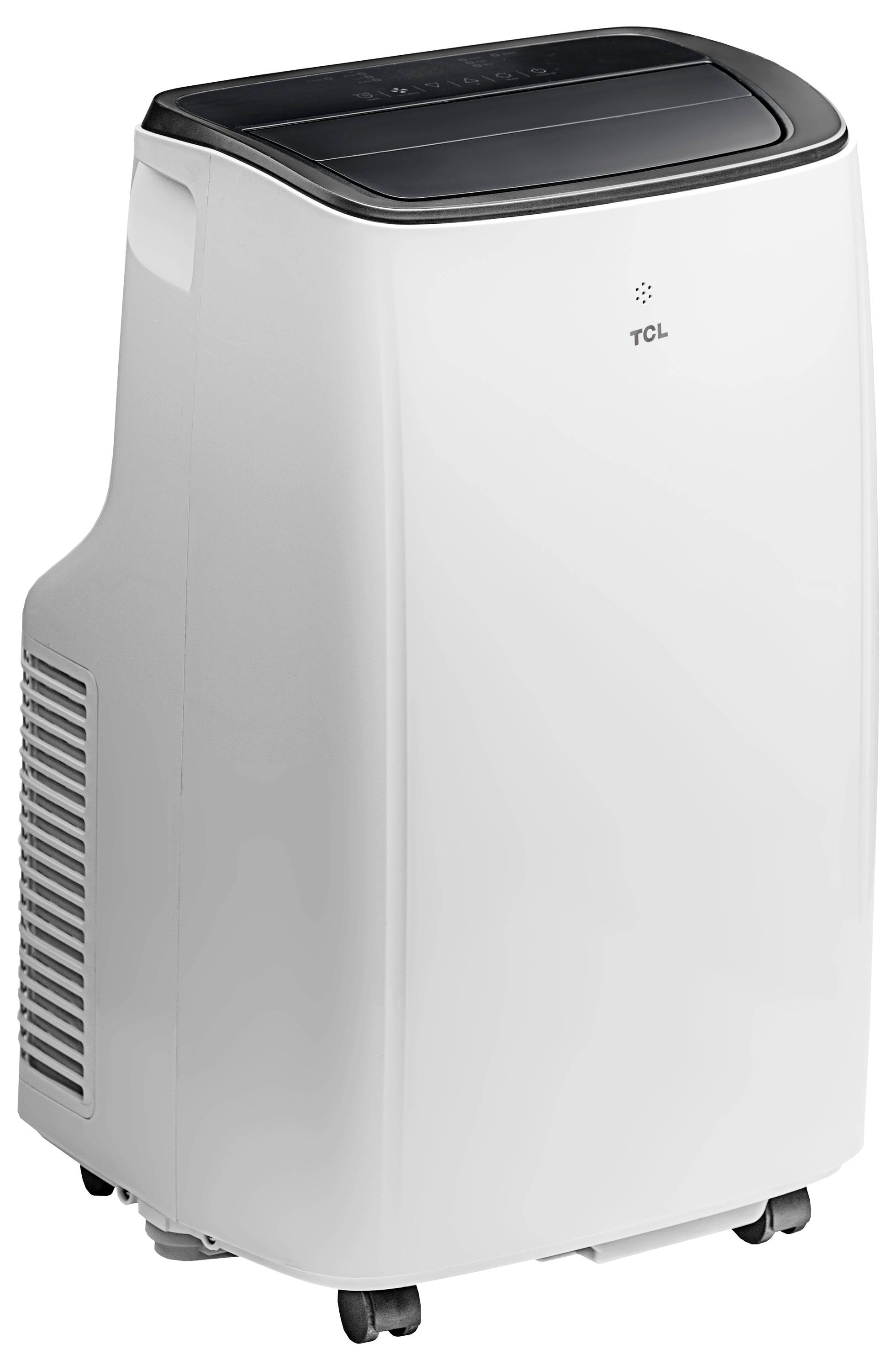 Een witte draagbare airconditioner met een digitaal display bovenop, ontworpen voor huisgebruik, met ventilatieopeningen aan de zijkant en wielen voor mobiliteit.