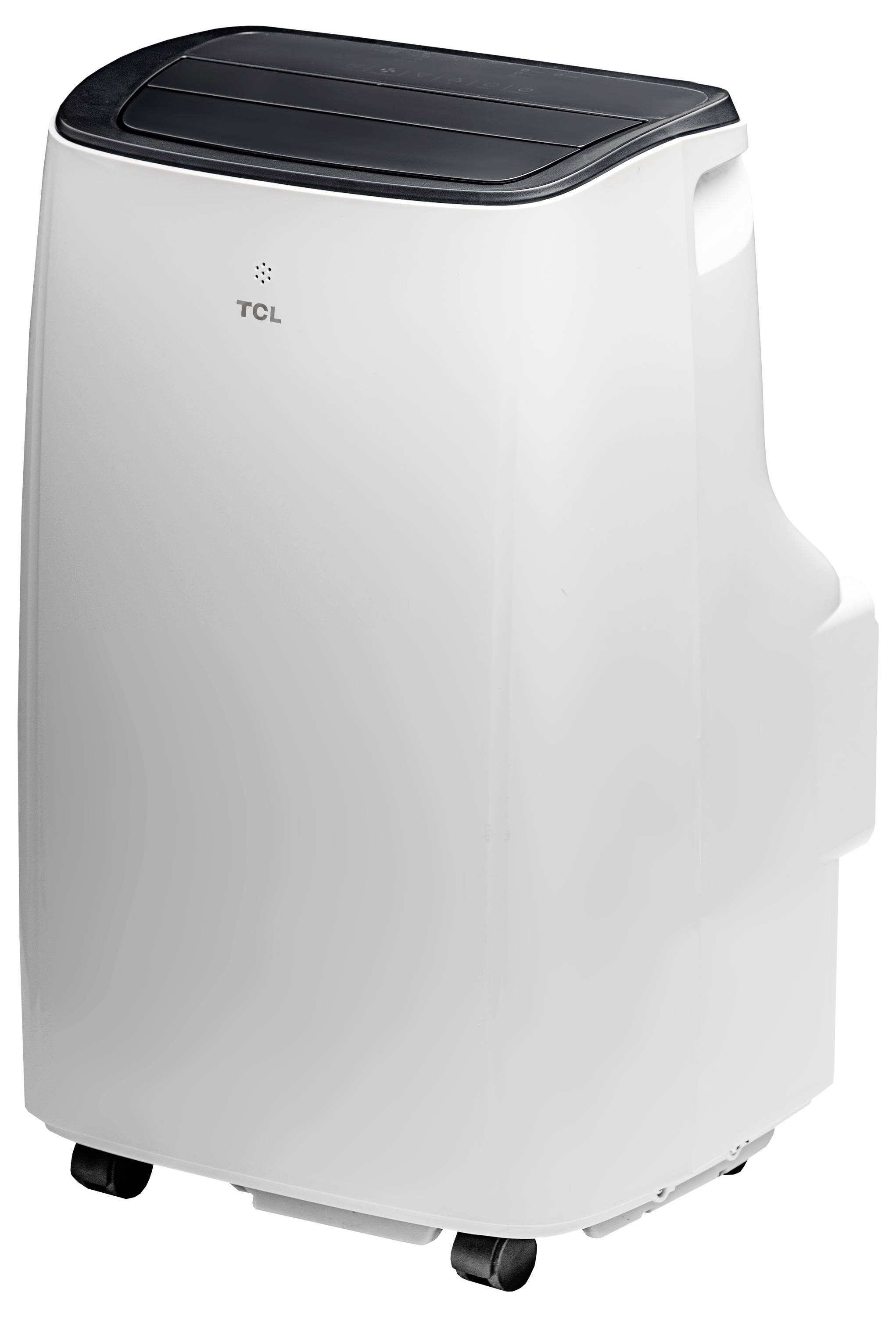 Een draagbare witte airconditioner met een zwart bovenpaneel en vier wielen, merk 'TCL'.