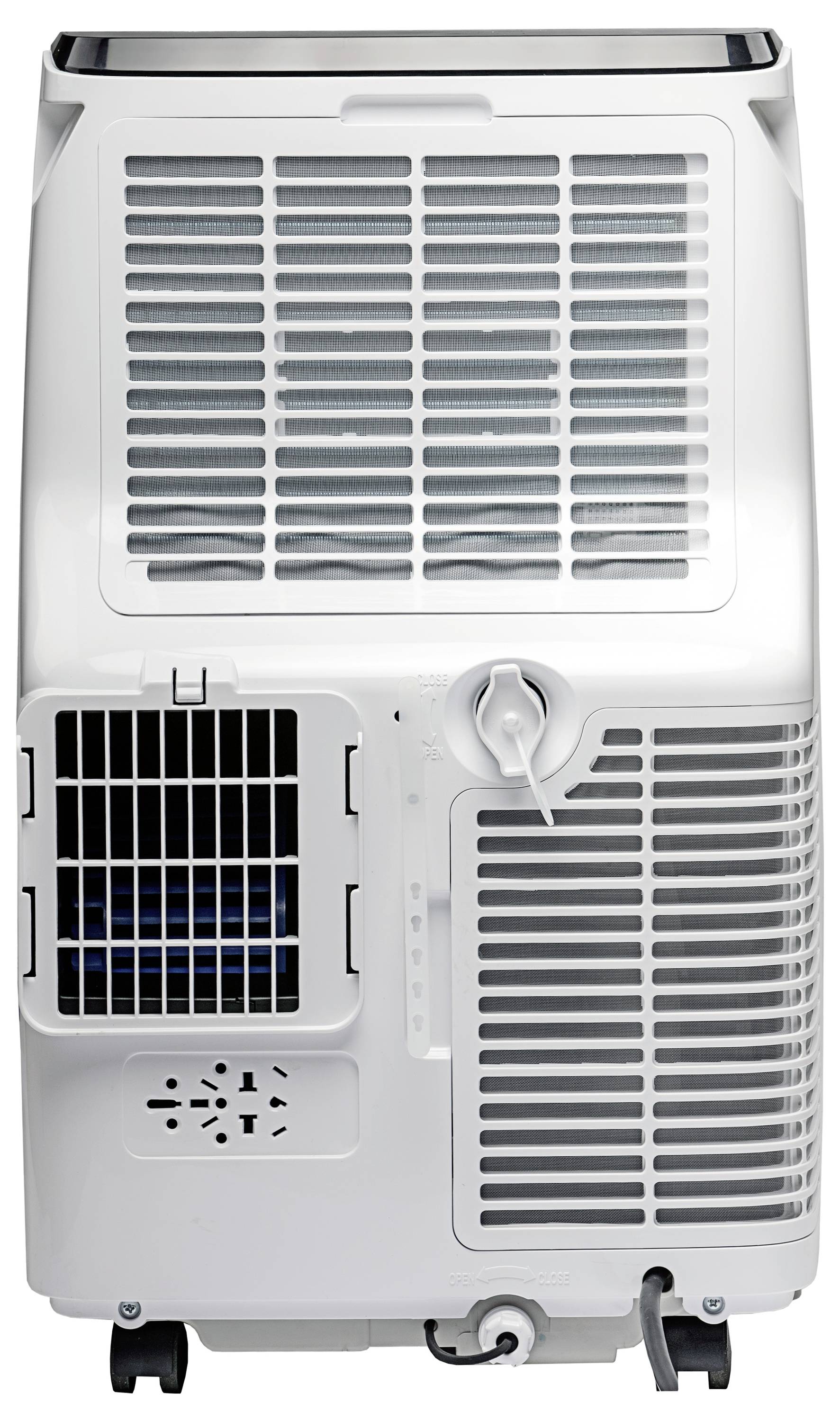 De afbeelding toont het achteraanzicht van een draagbare airconditioner op wielen, met luchtopeningen, bedieningspaneel, slang en afvoeruitlaten.