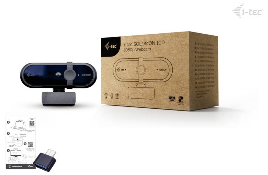 'i-tec SOL-100 1080p Webcam' met geïllustreerde verpakking; inclusief installatiegids en USB-adapter.