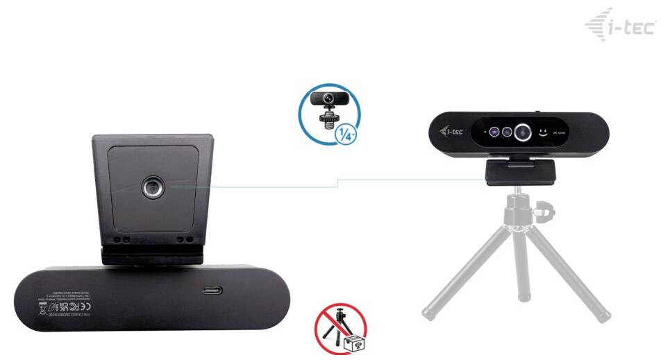 Een webcam met een rechthoekig ontwerp, getoond met een achteraanzicht met een statiefsokkel, naast een illustratie van het frontaanzicht op een statief.
