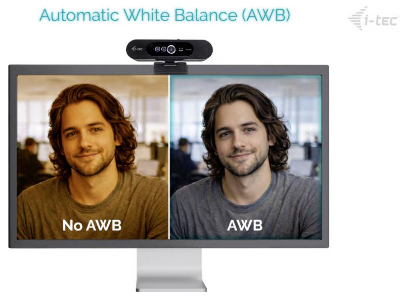 'Automatische witbalans (AWB)' afbeelding met een man in een kantooromgeving. Links: 'Geen AWB' ziet er warmer uit. Rechts: 'AWB' ziet er koeler en beter uitgebalanceerd uit.