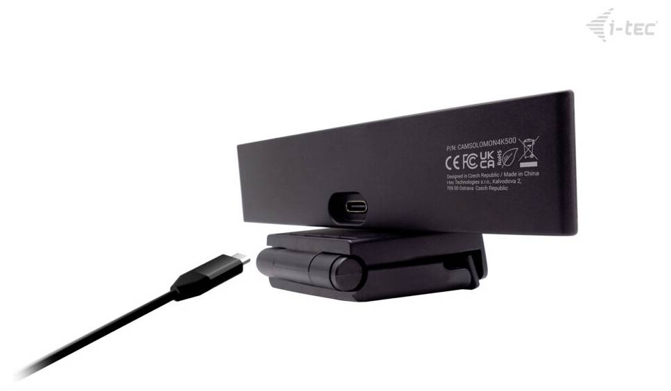 'Een zwart dockingstation met een USB-C-kabel, met regelgeving- en fabricagesymbolen op de achterkant, gebrande i-tec.'