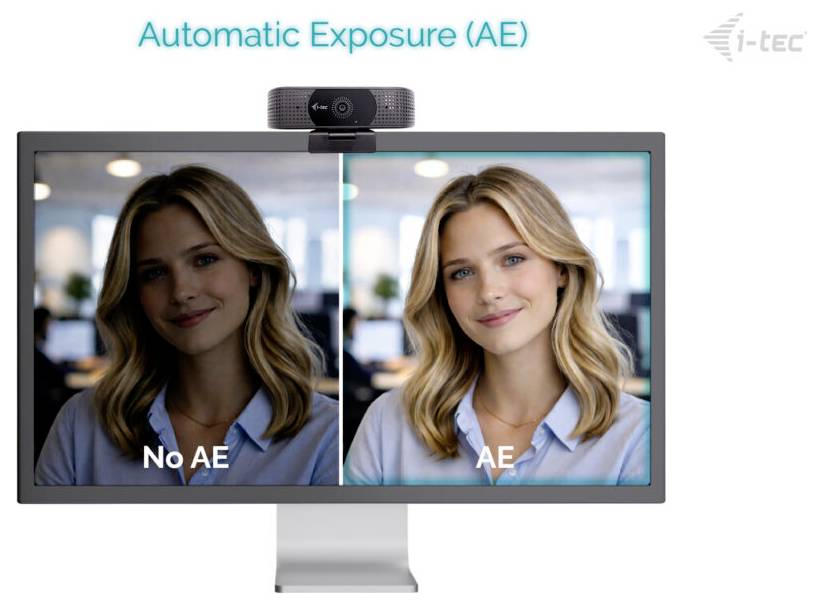 'Automatische Belichting (AE)' demonstratie op een monitor. Links: donkerder afbeelding gelabeld 'Geen AE'. Rechts: helderder afbeelding gelabeld 'AE'. i-tec logo.