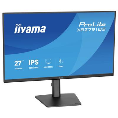 Een computermonitor met 'iiyama ProLite XB2791QS' waarop wordt weergegeven met features: 27" scherm, IPS, 2560x1440 resolutie, smal frame, 15cm hoogteverstelling.