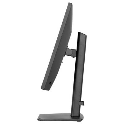 Zijkant van een dunne, zwarte computermonitor met standaard. Weergavehoek licht gekanteld, benadrukkend het slanke, moderne ontwerp.